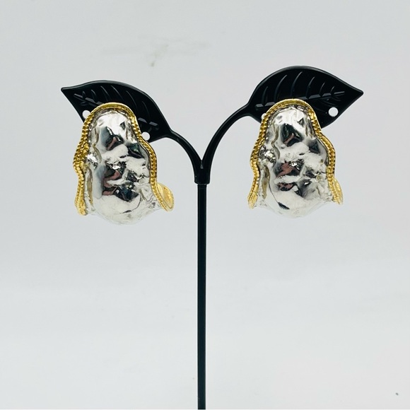 Bold Vintage Mixed Metal Molten Statement Clip Earrings Runway Avant Garde - Picture 4 of 16